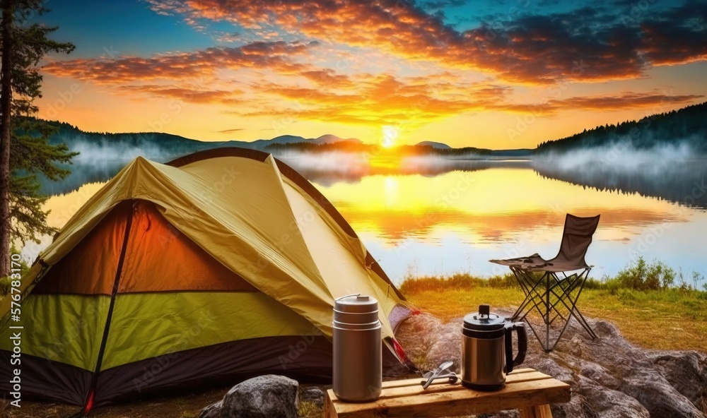  a tent is set up next to a lake with a view of the sun rising over the mountains and the lake with 