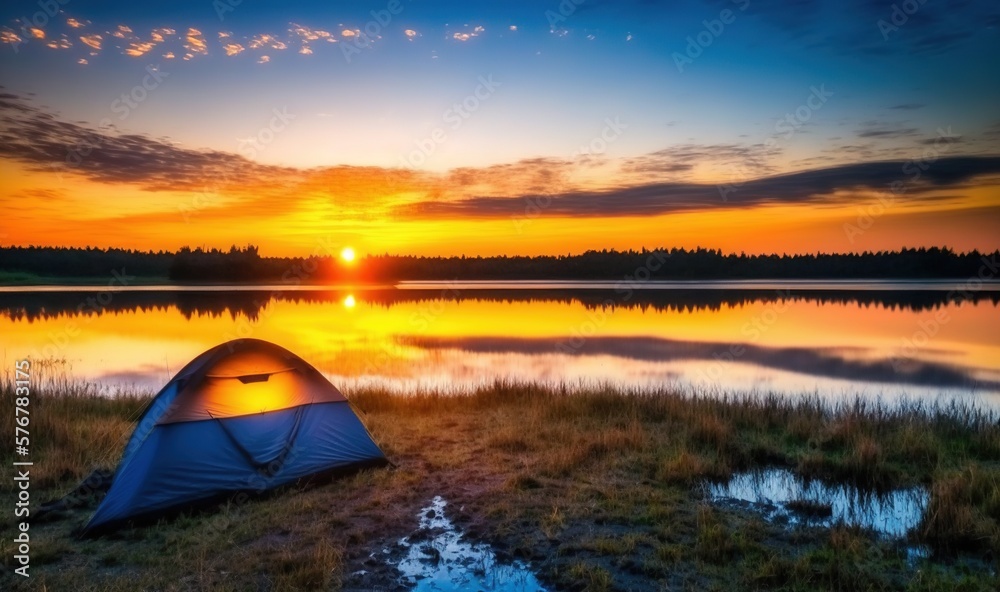  a tent is set up on the shore of a lake as the sun sets in the distance with a setting sun in the d