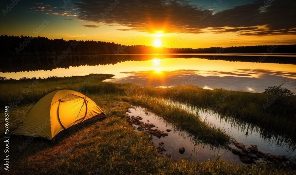  a yellow tent sitting on top of a lush green field next to a lake at sunset with the sun setting in