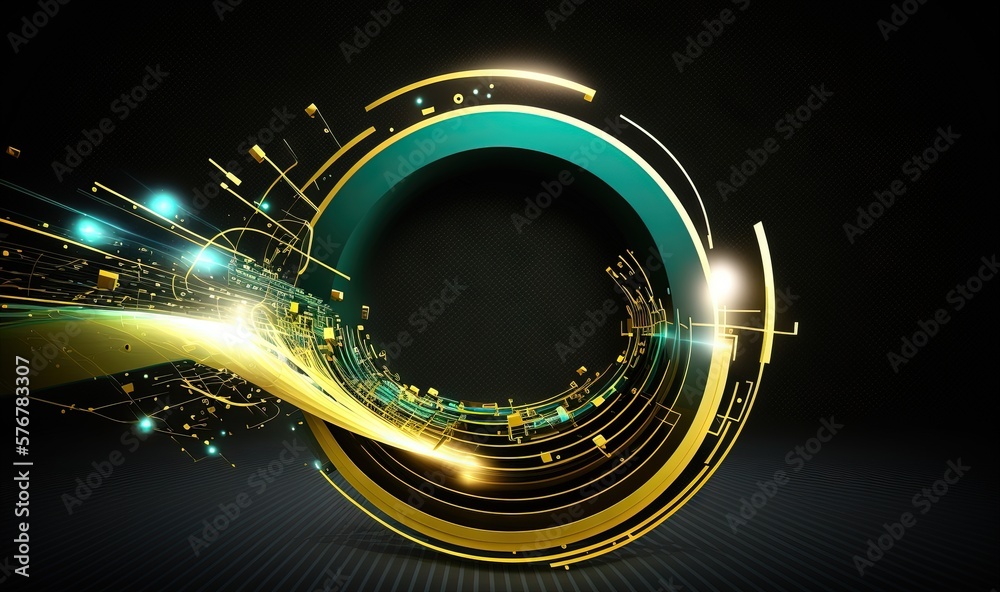  a gold and green abstract design with lights and lines on a black background with copy space for th