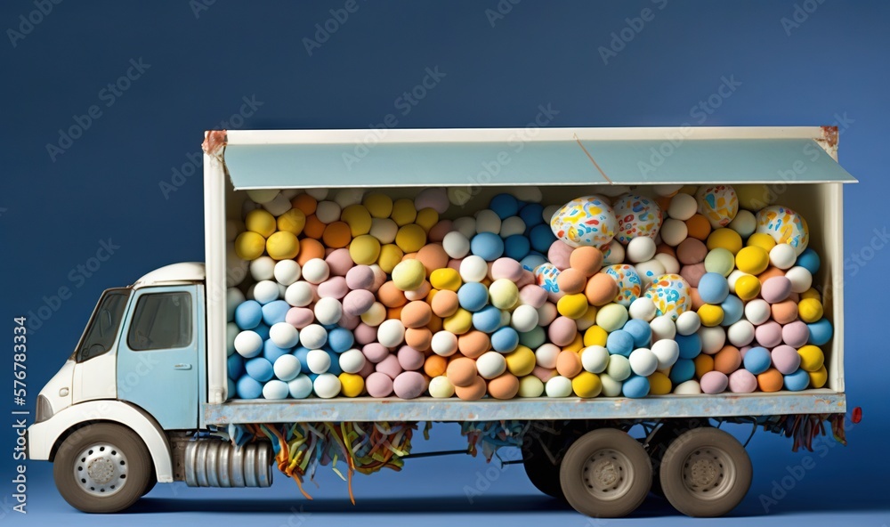  a truck with balloons in the back of it on a blue background with a blue sky in the back of the tru