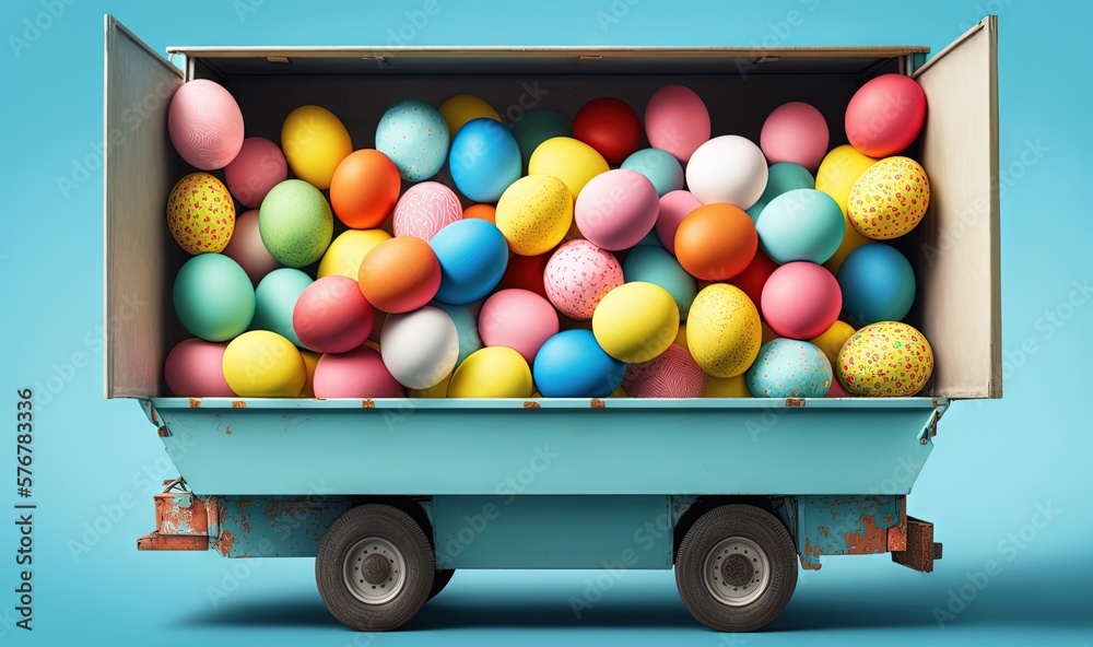  a blue truck with a bunch of colorful eggs in its back end on a blue background with a blue backgr