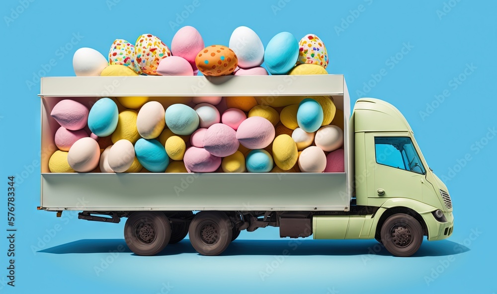  a truck with a trailer full of colorful candy balls on the back of its cab, on a blue background w