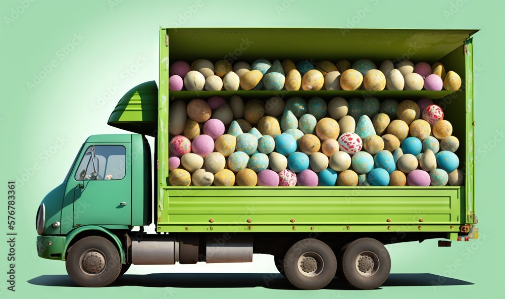  a green truck with a green trailer filled with eggs on the back of its flatbed, on a light green b