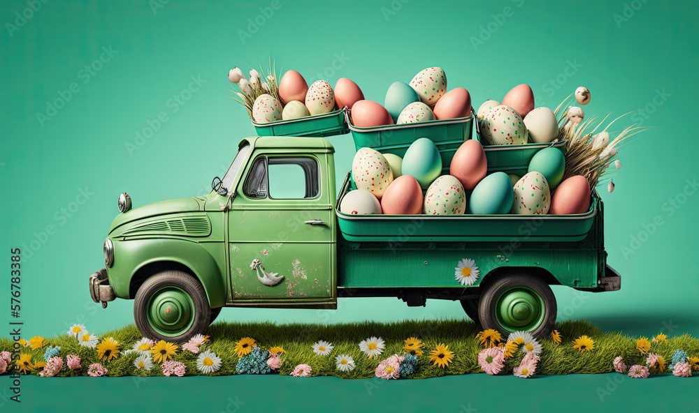  a green truck filled with eggs on top of a field of grass and daisies on a green background with da