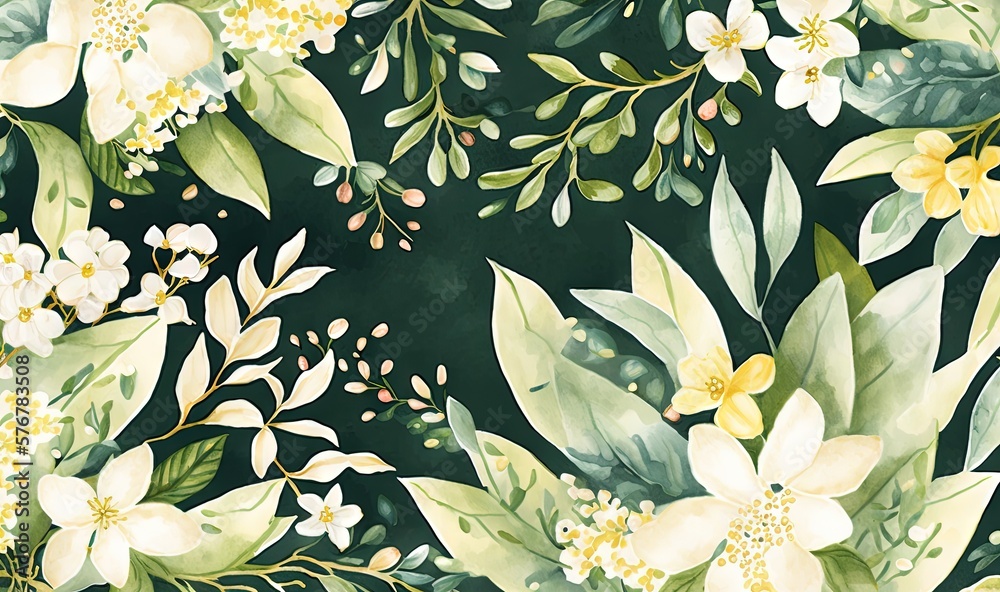  a painting of flowers and leaves on a green background with yellow and white flowers and leaves on 