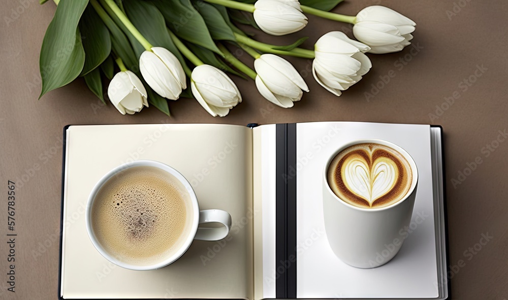  a book with a cup of coffee and a bouquet of tulips on top of it next to a cup of coffee and a book