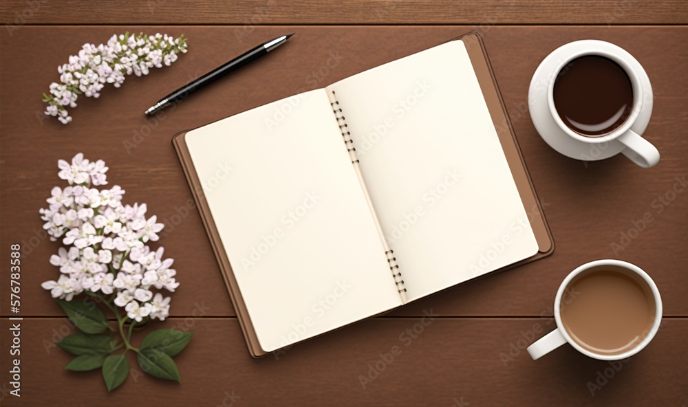  an open notebook and a cup of coffee on a wooden table next to a flower and a pen and a pair of sci