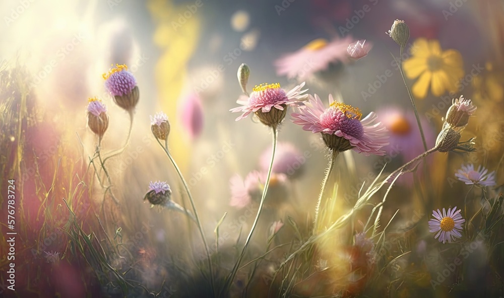  a field of wildflowers with the sun shining through the clouds in the background, with the sun shin