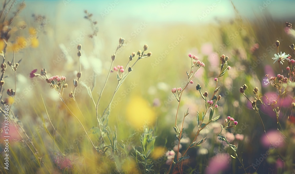  a field full of flowers with a sky background in the background and a blurry photo of the grass and