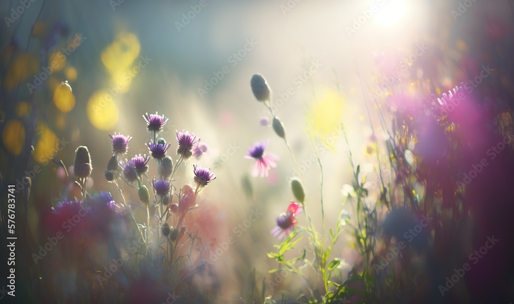  a field of wildflowers with the sun shining through the clouds in the background and the sun shinin