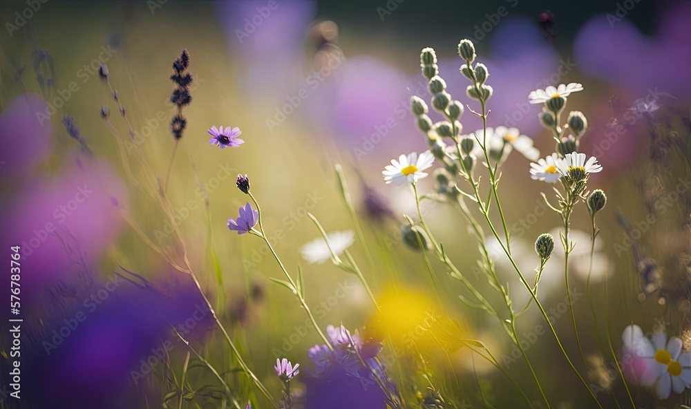  a field of wildflowers and daisies in the sun with purple and yellow flowers in the foreground and 