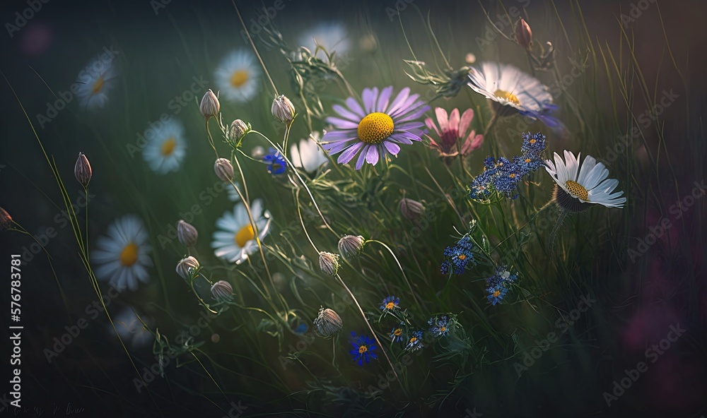  a bunch of daisies and other flowers in a field of grass and flowers in the sunbeams of a field of 