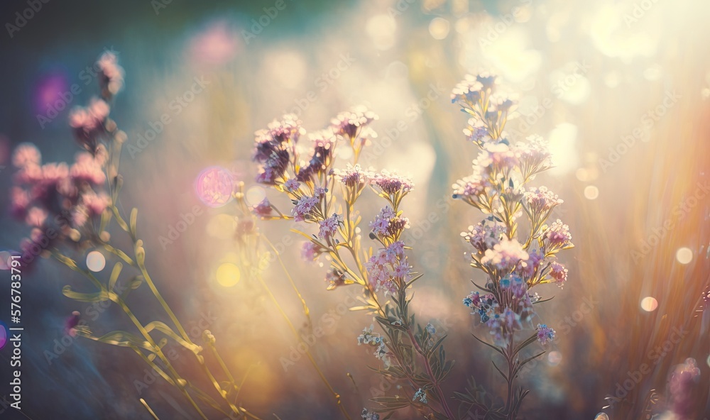  a close up of a bunch of flowers with a blurry background of the sun shining through the flowers an