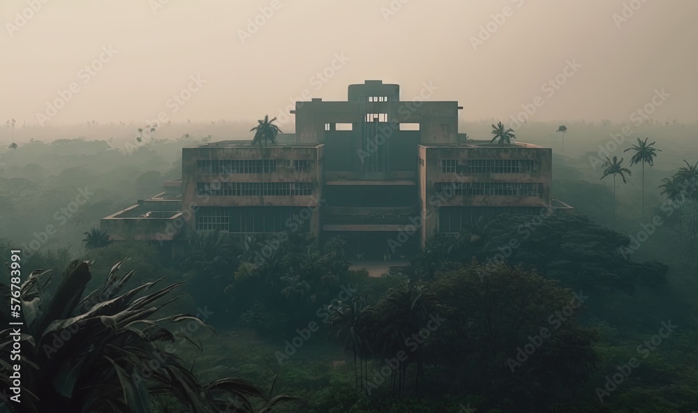  a large building in the middle of a jungle with palm trees in the foreground and a foggy sky in the