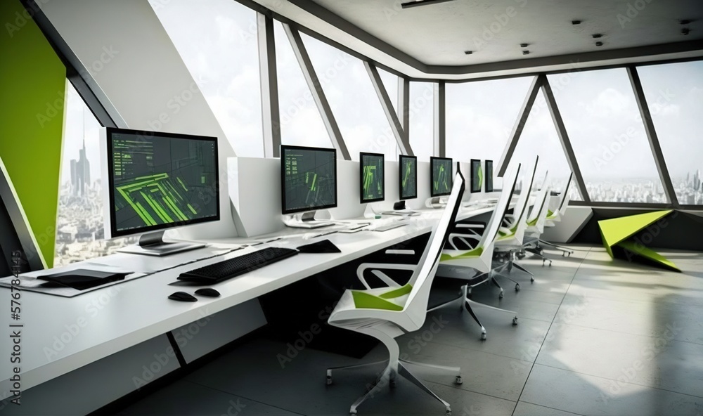  a row of computer monitors sitting on top of a desk next to a green umbrella in a room filled with 