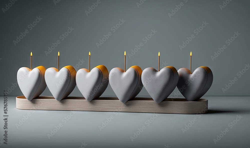  a row of white hearts with candles in them on a wooden stand with a gray wall in the background and