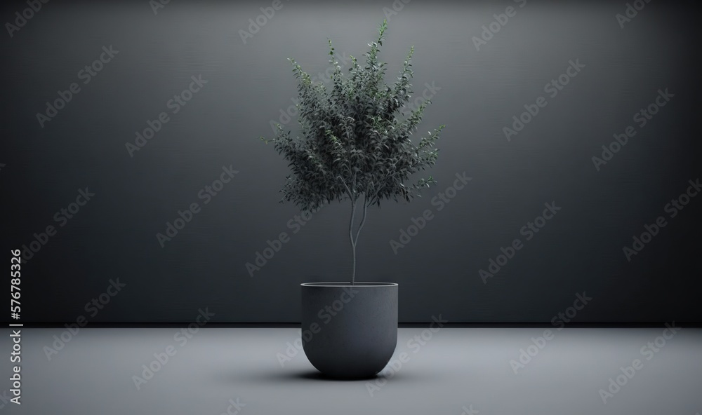  a plant in a gray pot on a table with a black background and a gray wall behind it, with a black fl