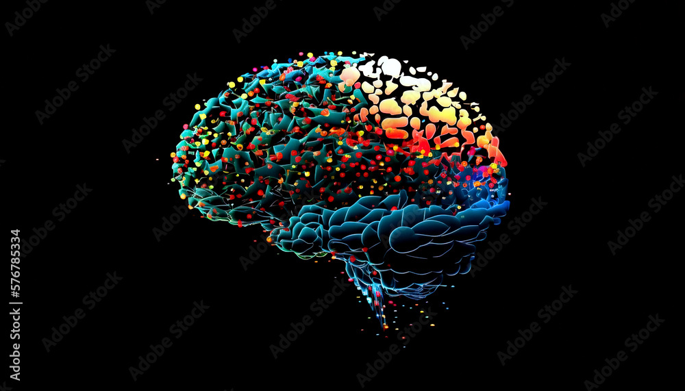 Brain made of tangled interwined colorful paint splashes. Intelligence or creativity concept. Genera