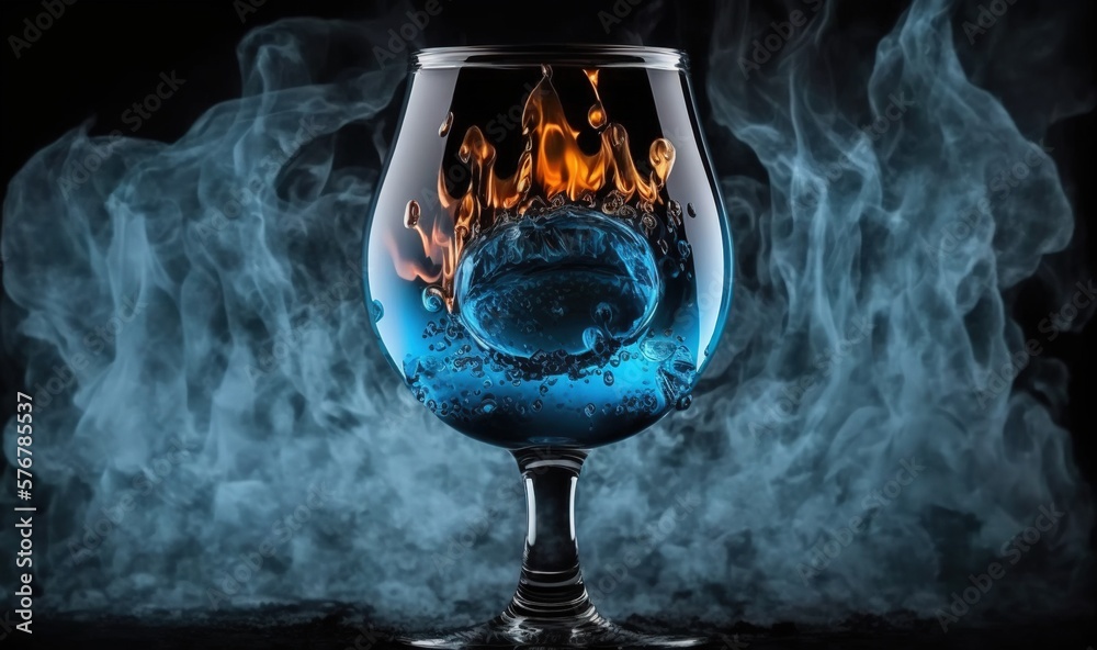  a wine glass with a blue liquid inside of it with fire and smoke behind it on a black background wi