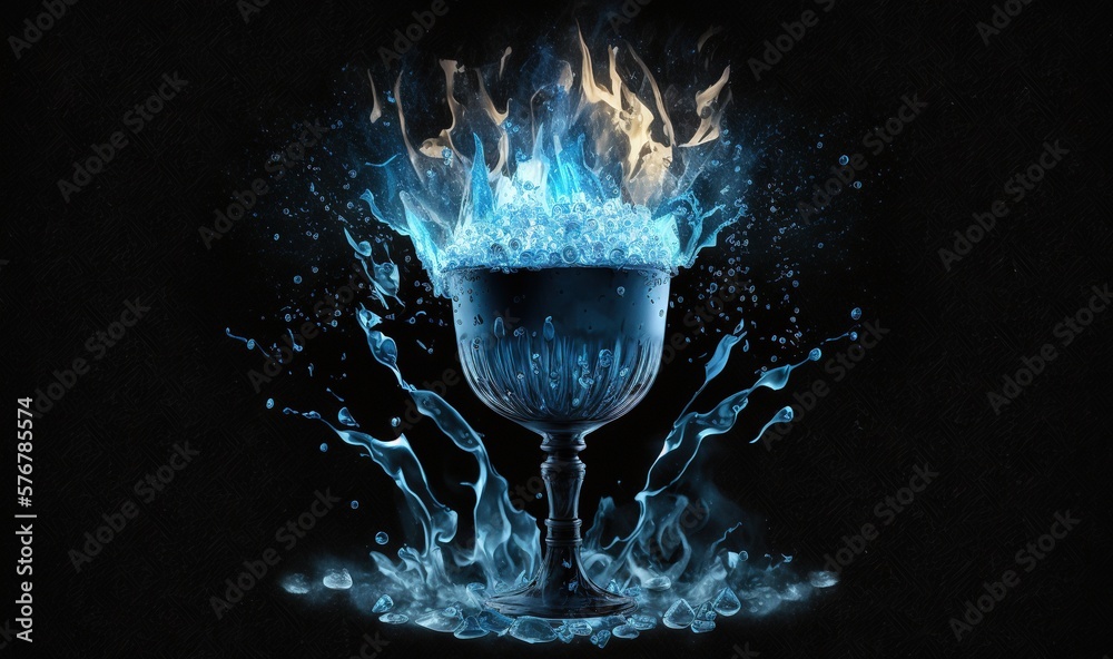  a wine glass with fire and water in it on a black background with a black background and a blue fla