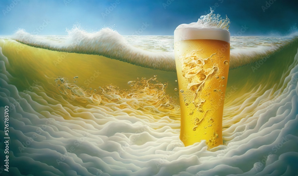  a painting of a glass of beer on a wave in the ocean with a blue sky in the background and a wave i