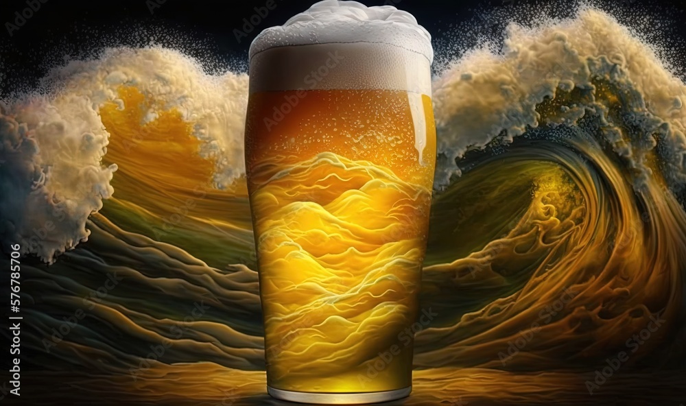  a glass of beer sitting on top of a table in front of a painting of a wave and a crashing wave in t