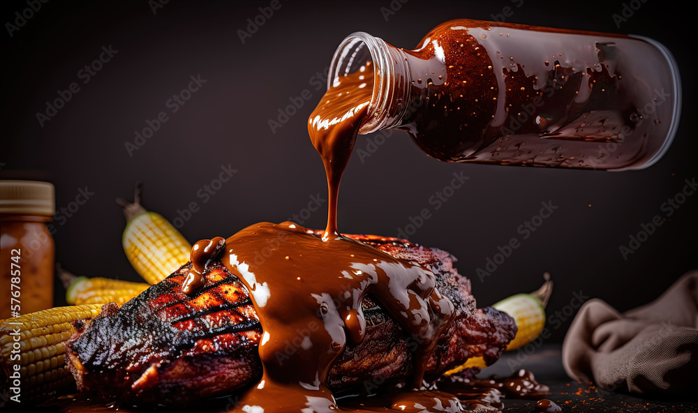  a steak covered in bbq sauce being drizzled over corn on the cob with a bottle of barbecue sauce on