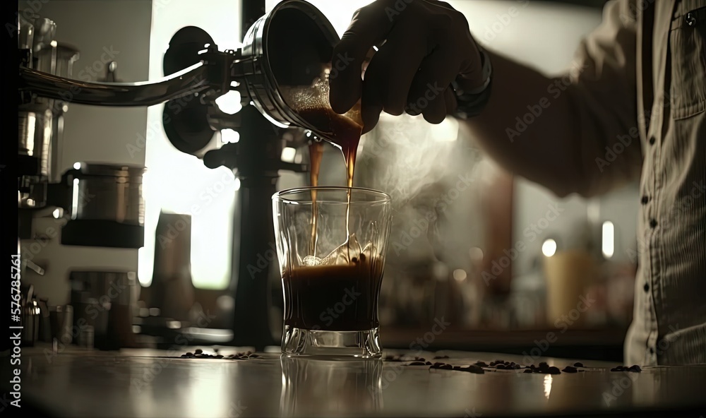  a person pours coffee into a glass on a counter top in a coffee shop or restaurant, with a coffee m