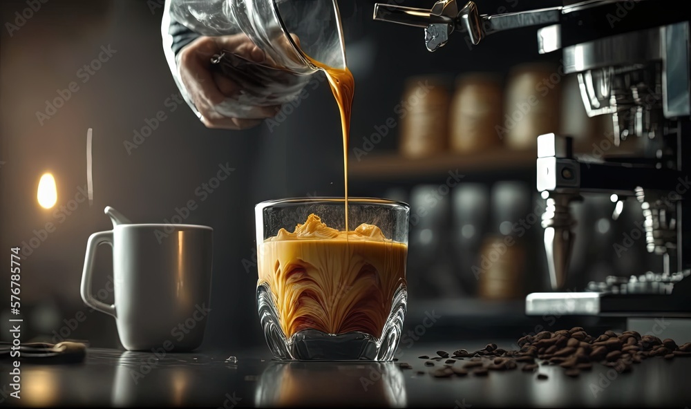  a person pouring coffee into a glass cup on a counter top next to coffee beans and a coffee machine