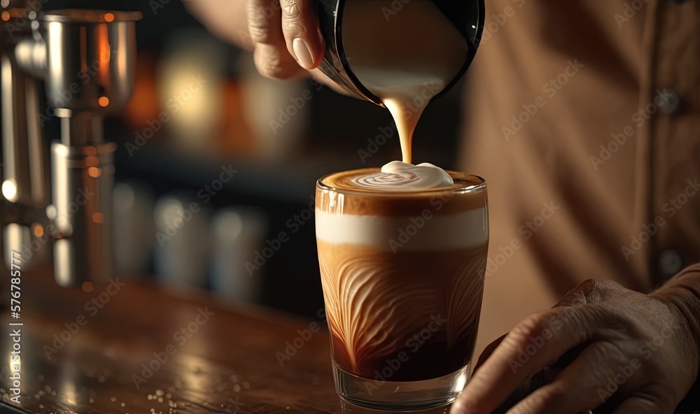  a person pours a beverage into a tall glass on a bar counter top, with a person holding a coffee mu