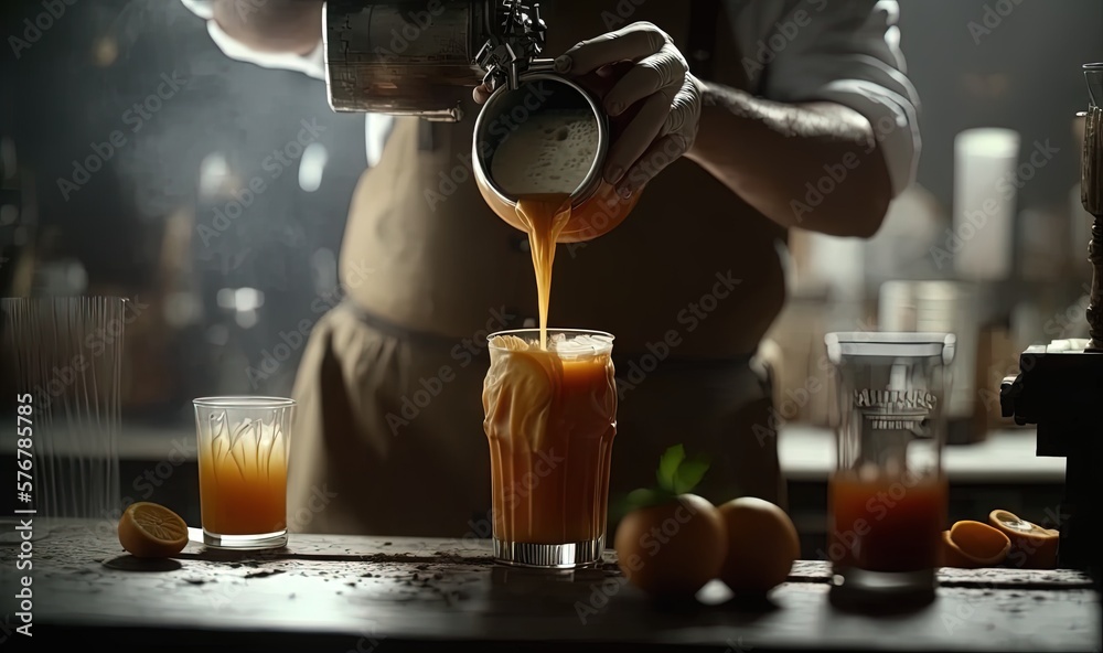  a person pouring a drink into a glass on a table with oranges and other drinks on the table and aro