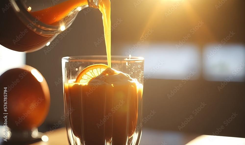  a glass of orange juice being poured into a glass with an orange slice on top of the glass and a pi