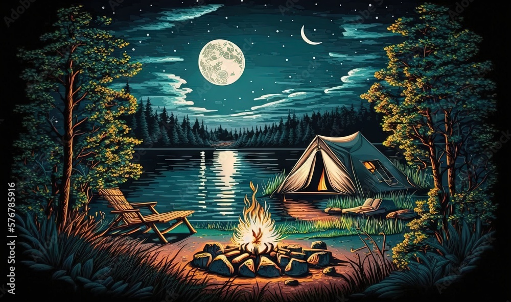  a painting of a campfire and a tent at night with a full moon in the sky above the water and trees 