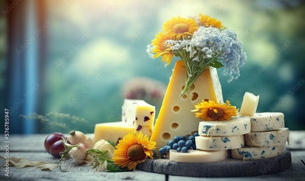  sunflowers, cheese, grapes, and other items are arranged on a table with a blurry background and a 