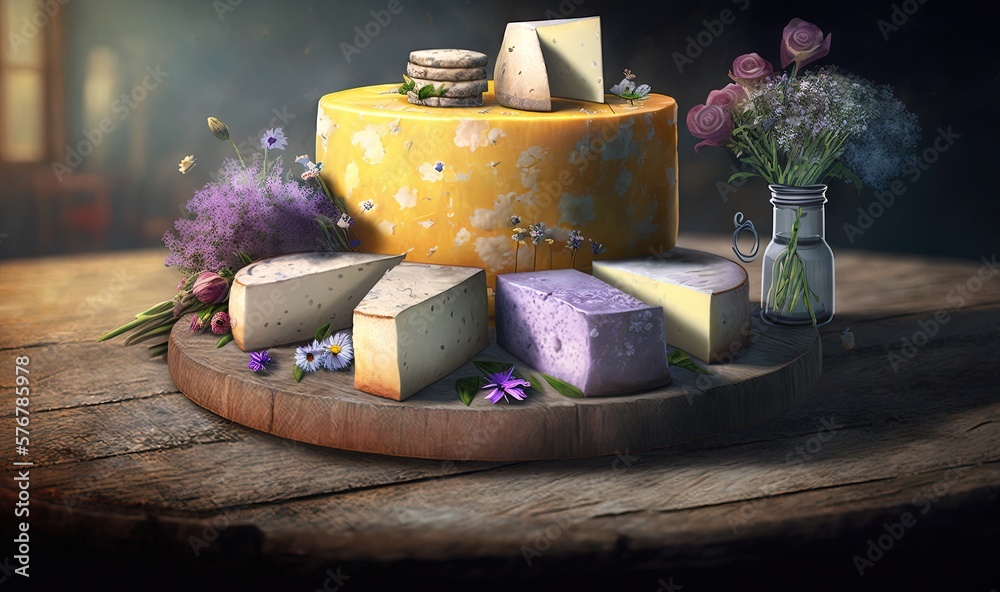  a painting of cheese and flowers on a wooden table with a vase of flowers on the side of the table 