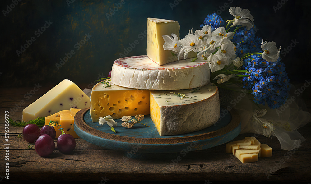  a painting of cheese and flowers on a plate with grapes and a vase of flowers on the side of the pl