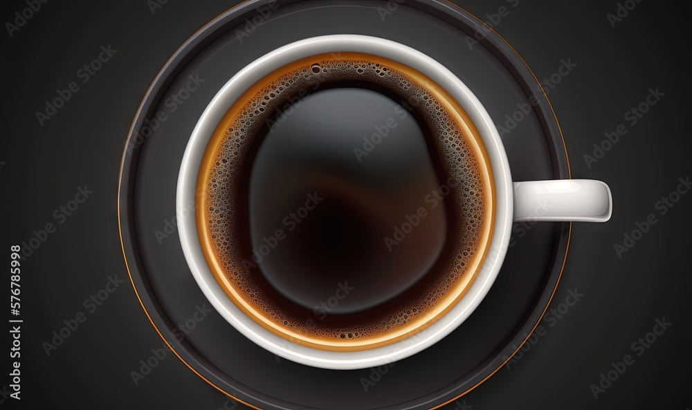  a cup of coffee with a saucer on a saucer on a black background, top view, with a reflection of the