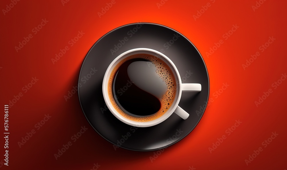  a cup of coffee on a saucer on a red background with a shadow of a cup of coffee in the middle of t