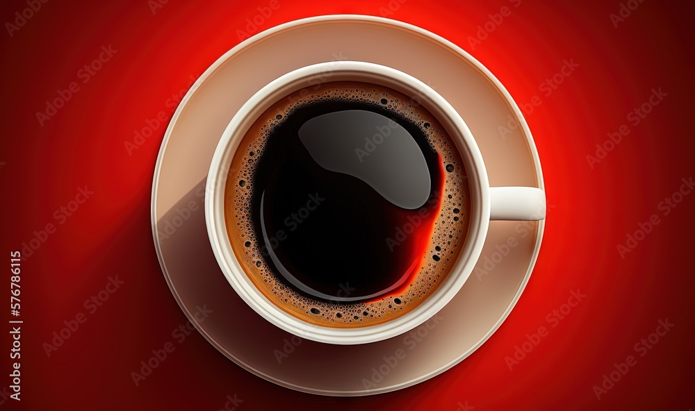  a cup of coffee on a saucer on a red background with a shadow of a cup of coffee in the middle of t