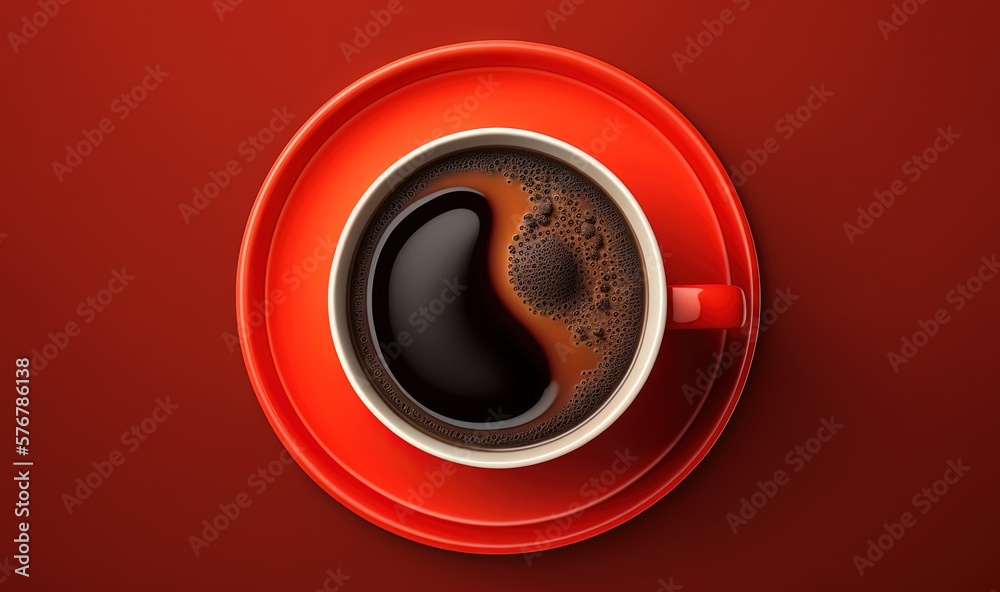  a cup of coffee on a saucer on a red background with a black swirl in the middle of the cup and a r