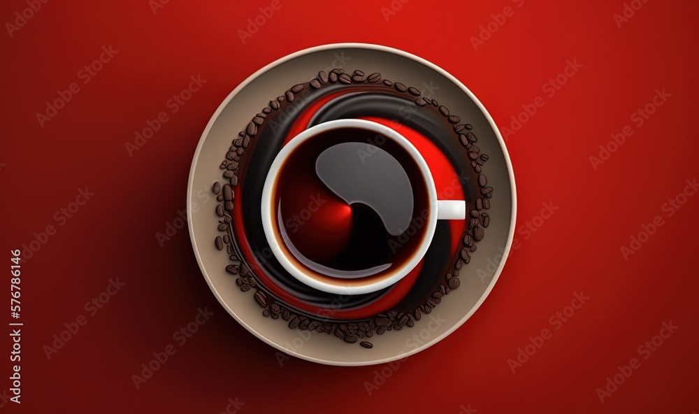  a cup of coffee on a saucer on a red background with coffee beans and a cigarette in the middle of 