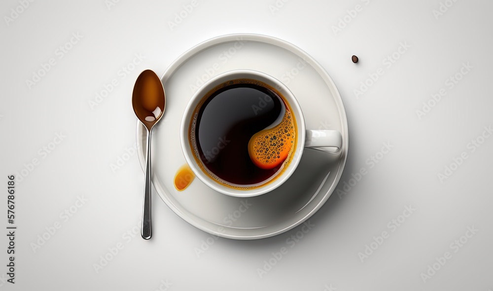  a cup of coffee with a spoon and spoon rest on a saucer on a white tablecloth with a spoon and spoo