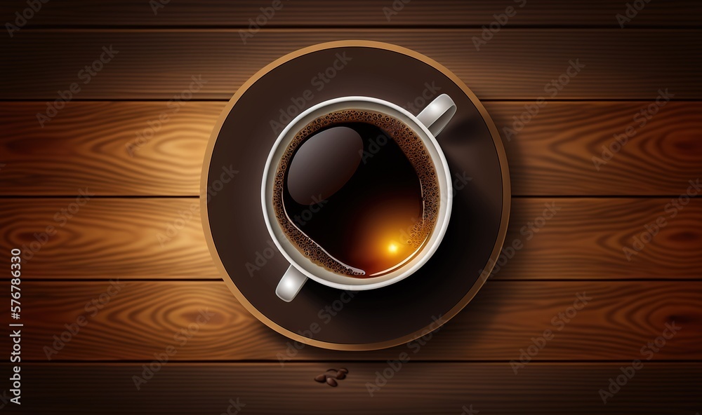  a cup of coffee on a saucer on a wooden table with a spoon and spoon rest on the edge of the cup an