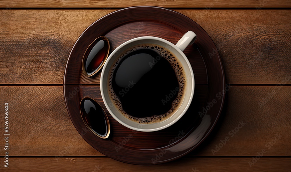  a cup of coffee on a saucer with spoons on a wooden table with a wood grained surface and a wood gr