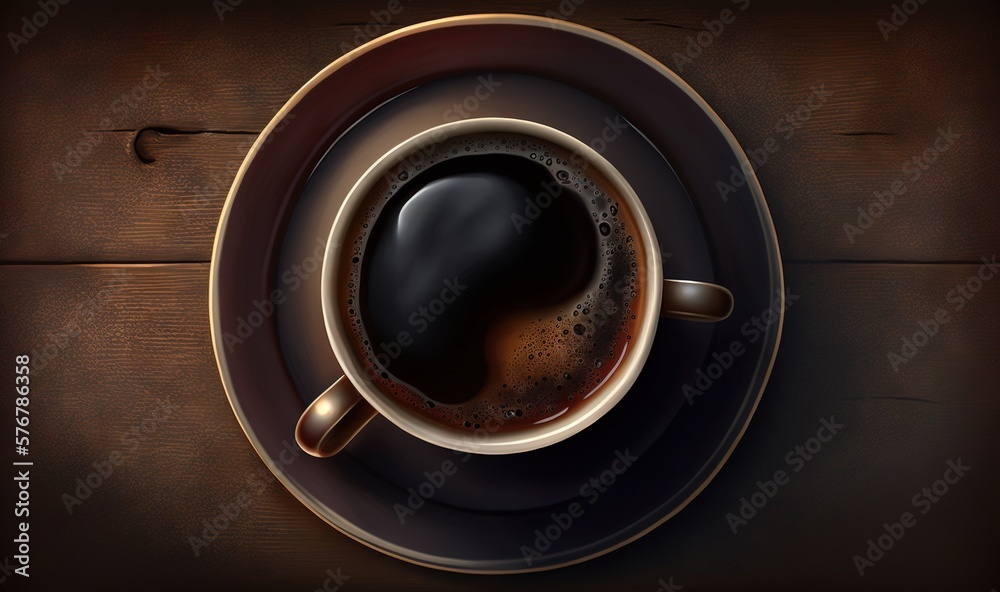  a cup of coffee on a saucer on a wooden table with a spoon and spoon rest on the edge of the cup, w