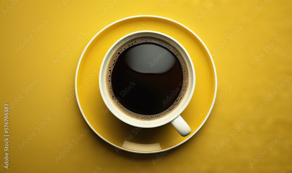  a cup of coffee on a saucer on a yellow background with a shadow of a cup of coffee on the side of 