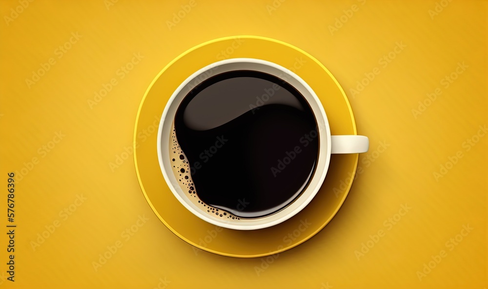  a cup of coffee on a saucer on a yellow background with a shadow in the middle of the cup and a sha