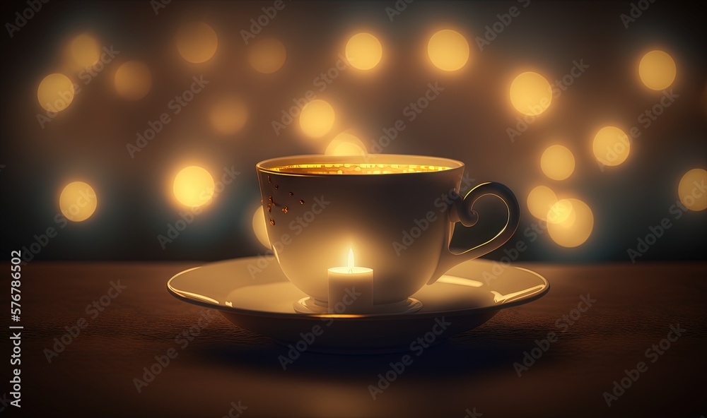  a cup of coffee on a saucer with a lit candle in the middle of the cup on a saucer on a wooden tabl