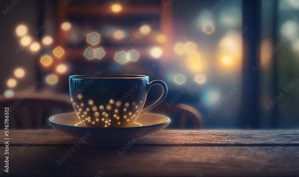  a coffee cup sitting on top of a wooden table next to a window covered in lights and boke of lights